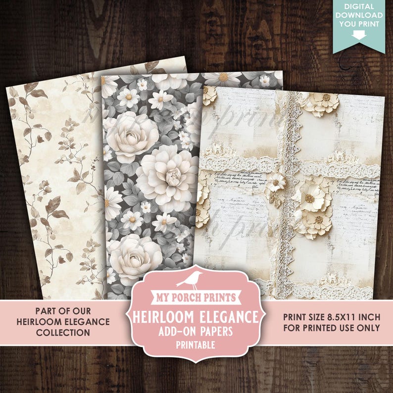 Heirloom Elegance Add-on Papers, Junk Journal, Shabby, Floral, Faded ...