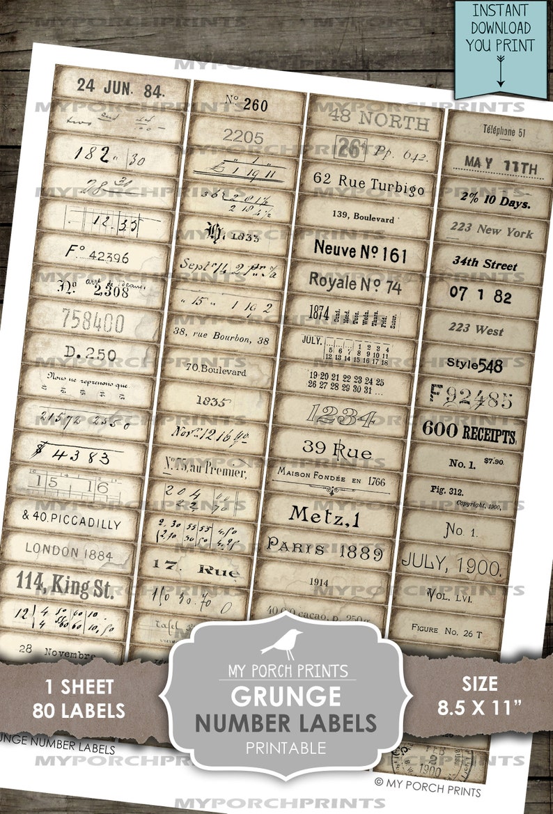 Grunge, Number, Labels, Parchment, Junk Journal, Definition, Neutral, Numbers, Mixed Media, Words, My Porch Prints, Printable, Ephemera image 3