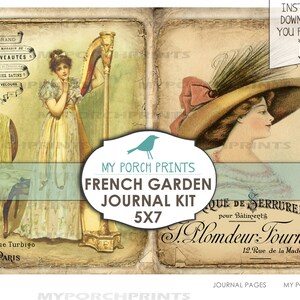 May include: A vintage journal kit with a French garden theme. The kit includes two images of women from the early 1900s. One image features a woman playing a harp, and the other image features a woman wearing a large hat. The kit also includes a vintage advertisement for a French company.