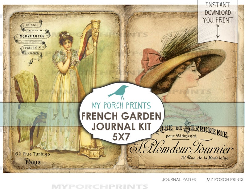 May include: A vintage journal kit with a French garden theme. The kit includes two images of women from the early 1900s. One image features a woman playing a harp, and the other image features a woman wearing a large hat. The kit also includes a vintage advertisement for a French company.