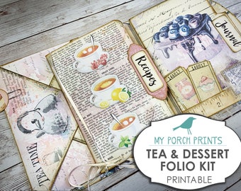 May include: A printable tea and dessert folio kit with a vintage aesthetic. The kit includes a journal, recipes, and tea time themed elements. The kit is designed for crafting and scrapbooking.