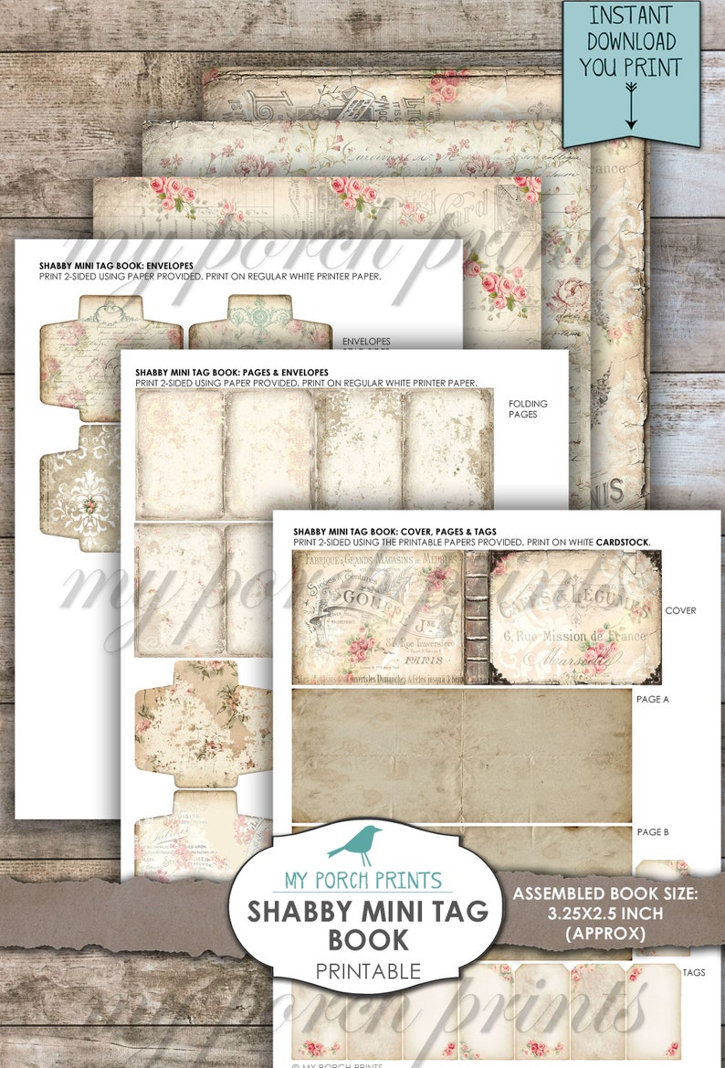 Shabby Tag Mini Book, Junk Journal Kit, Ephemera, Printable, Craft Kit ...