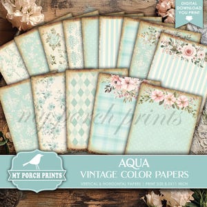 Aqua Vintage Color Papers Junk Journal Vertical and Horizontal Blue Turquoise Teal Shabby Backing My Porch Prints Printable Digital Download