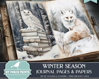 Winter Season Junk Journal PAGES & PAPERS, 4, Four, Seasons, Holiday, Snow, New Year, White, My Porch Prints, Printable, Digital Download