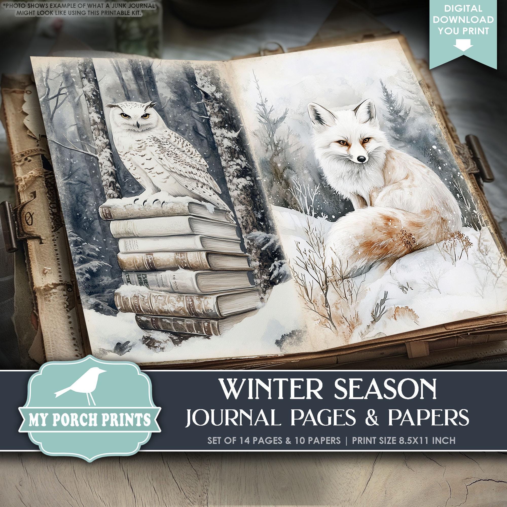 Winter Season Junk Journal PAGES & PAPERS, 4, Four, Seasons, Holiday, Snow, New Year, White, My Porch Prints, Printable, Digital Download