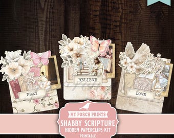 Shabby Scripture Hidden Paperclips Kit, 3 Junk Journal Bookmark Bible Pink Christian Paper Clip My Porch Prints Printable Digital Download