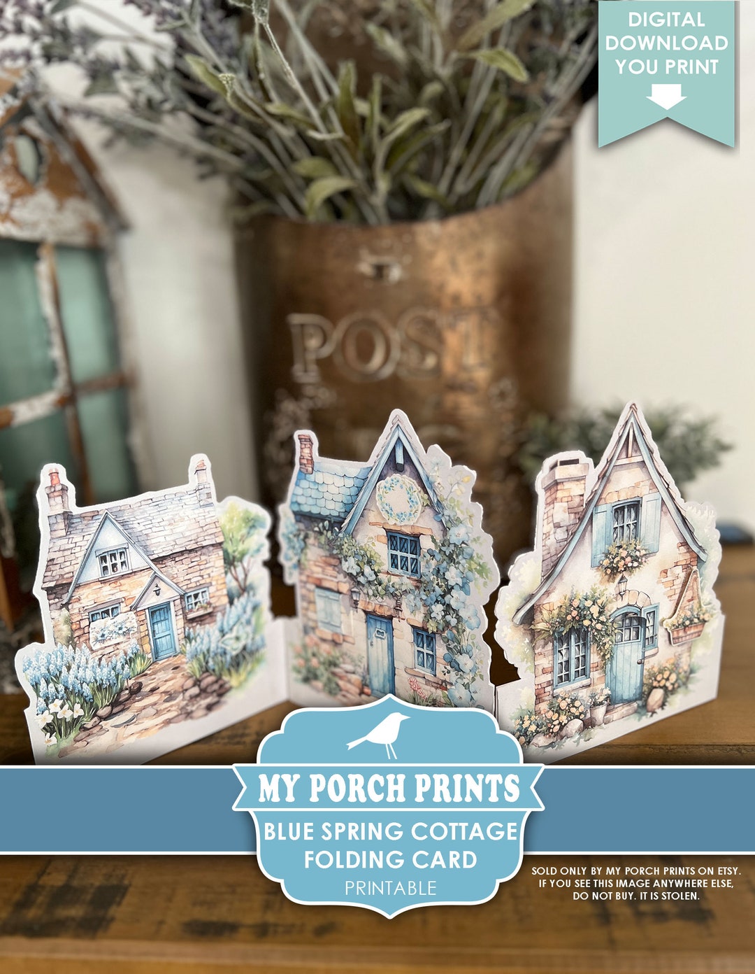Blue Spring Cottage Folding Card, Junk Journal, Insert, Kit, 3D, Craft ...