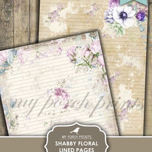 May include: Two sheets of lined paper with a vintage floral design. The paper has a distressed, aged look with faded floral accents in shades of pink, purple, and white. The text "my porch prints" is visible. The image also includes the text "Digital Download You Print".