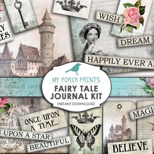 Cuento de hadas, Kit de diario basura, Papel imprimible, niña, niña, efímera, Libro, Cuento de hadas, Shabby, Álbum de recortes, Unicornio, Sirena, Vintage