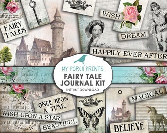 Fairy Tale, Junk Journal Kit, Printable Paper, little girl, child, ephemera, Book, fairytale, shabby, scrapbook, unicorn, mermaid, vintage
