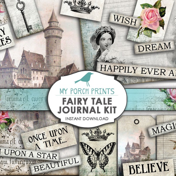 Fairy Tale, Junk Journal Kit, Printable Paper, little girl, child, ephemera, Book, fairytale, shabby, scrapbook, unicorn, mermaid, vintage