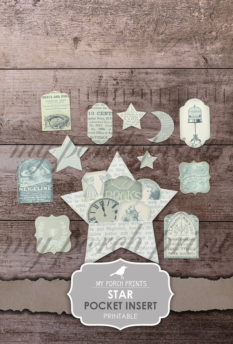 Puede incluir: Un inserto de bolsillo imprimible con forma de estrella con elementos de &eacute;poca, incluyendo un reloj, una jaula para p&aacute;jaros y texto en ingl&eacute;s y alem&aacute;n. El texto incluye "My Porch Prints", "Star", "Pocket Insert" y "Printable".