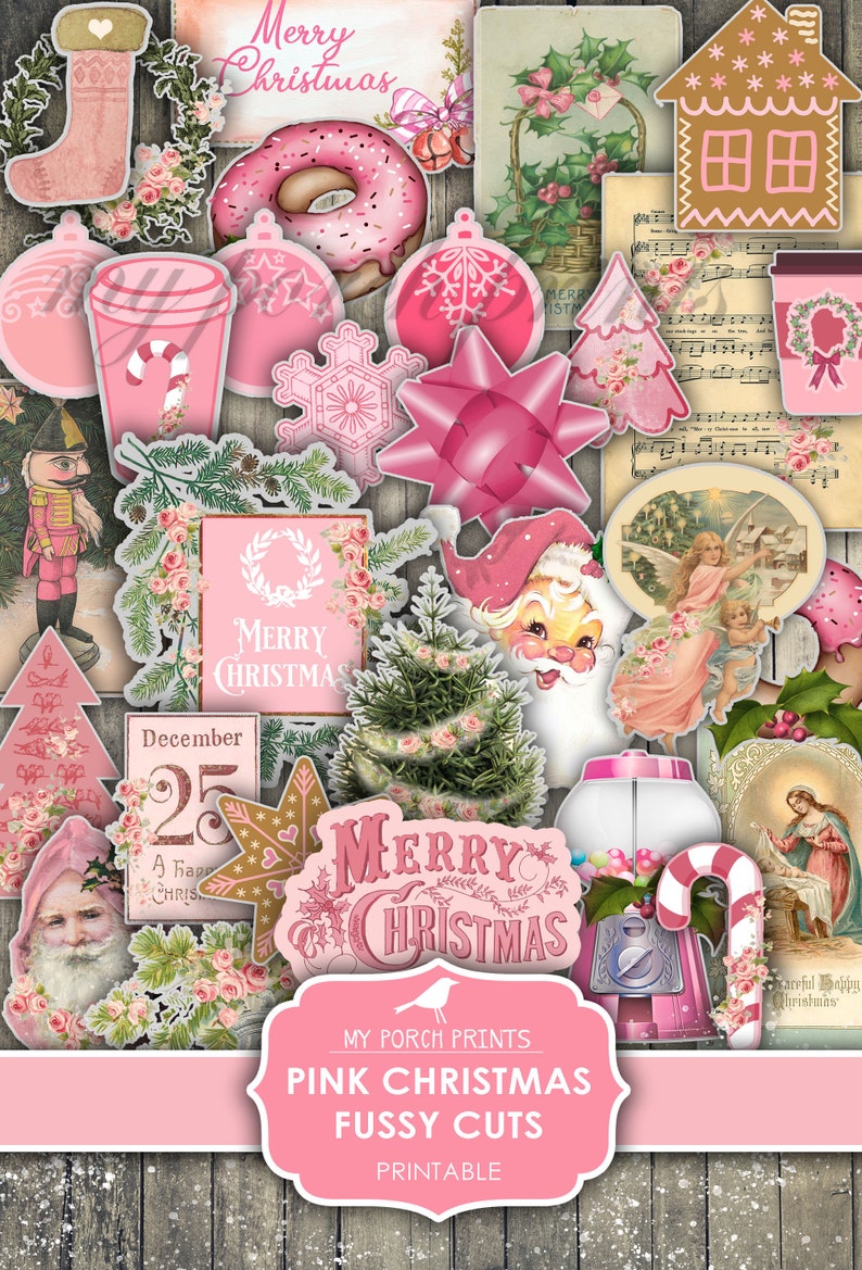 Pink Christmas, Fussy Cut, Junk Journal, December Daily, Sugar Cookie, Card, Printable Sticker, Cricut, My Porch Prints, Digital Download 