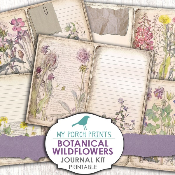 Botanical Wildflowers, Junk Journal Kit, Pages, Papers, Ephemera, Potions Book, Scrapbook, Printable, Vintage, Plant, Garden, Collage Sheet