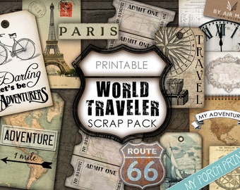 May include: Printable digital scrapbook paper pack with a world travel theme. The pack includes images of maps, vintage travel posters, tickets, and a compass. The text "Printable World Traveler Scrap Pack" is featured on a vintage road sign.