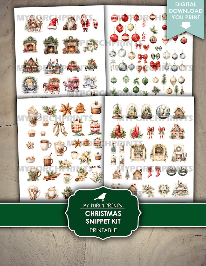 Pu&ograve; includere: Un kit di ritagli di Natale stampabile digitale con illustrazioni ad acquerello di ornamenti, case, caminetti, candele e altri elementi festivi. Il kit include il testo "My Porch Prints Christmas Snippet Kit Printable".