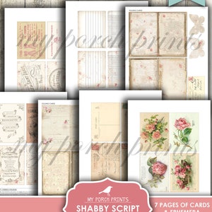 Op de afbeelding: Printbare digitale download van 7 pagina's met vintage-stijl kaarten en ephemera met een shabby script lettertype. De pagina's bevatten vouwkaarten, ansichtkaarten en decoratieve elementen met bloemenontwerpen en tekst.