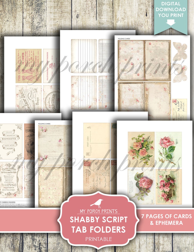 Op de afbeelding: Printbare digitale download van 7 pagina's met vintage-stijl kaarten en ephemera met een shabby script lettertype. De pagina's bevatten vouwkaarten, ansichtkaarten en decoratieve elementen met bloemenontwerpen en tekst.