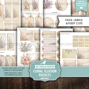 May include: A collection of printable digital ephemera featuring floral illustrations, tags, labels, and pockets with vintage-style designs. The sheets include lavender and daisy motifs, envelopes, and text labels. Print size is 21.6x27.9 cm.