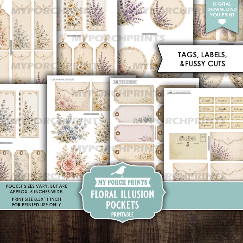 May include: A collection of printable digital ephemera featuring floral illustrations, tags, labels, and pockets with vintage-style designs. The sheets include lavender and daisy motifs, envelopes, and text labels. Print size is 21.6x27.9 cm.