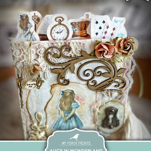 K&ouml;nnte beinhalten: Druckbare Alice im Wunderland-Registerkarten mit skurrilen Illustrationen von Alice, einer Taschenuhr, einer Spielkarte, einer Teetasse und einem Hut des Hutmachers. Die Registerkarten sind als Lesezeichen oder Trennbl&auml;tter gedacht.