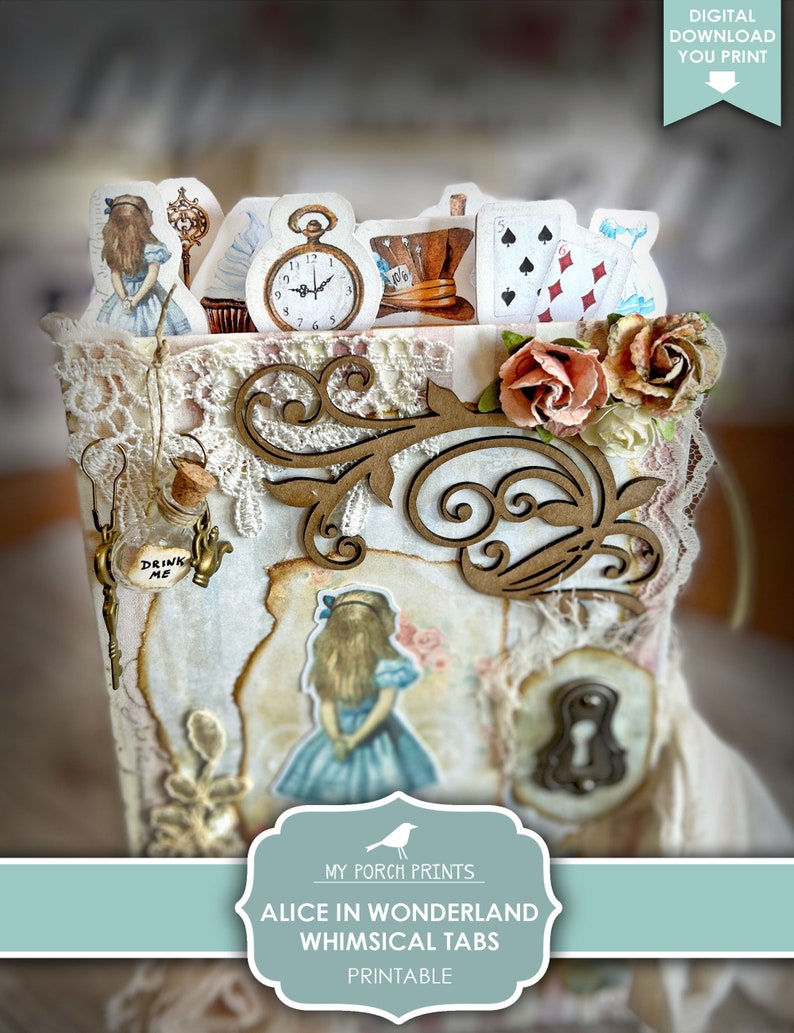 K&ouml;nnte beinhalten: Druckbare Alice im Wunderland-Registerkarten mit skurrilen Illustrationen von Alice, einer Taschenuhr, einer Spielkarte, einer Teetasse und einem Hut des Hutmachers. Die Registerkarten sind als Lesezeichen oder Trennbl&auml;tter gedacht.