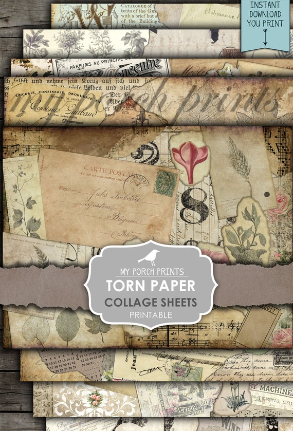 Junk Journal Pages, Torn Paper Collage Sheets, Grunge, Rose, Junk Journal, Printable Paper, Digital Kit, My Porch Prints, Vintage, Download