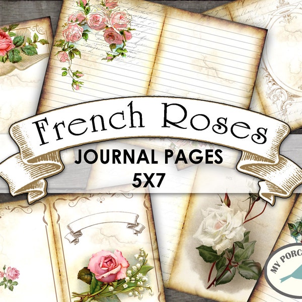 Junk Journal, French Roses, Journal Pages, Valentine's Day, Book, Vintage, 5x7, Junk Journal Kit, Collage, Digital Download, Printable Paper