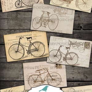 May include: A set of vintage bicycle postcards featuring black and white illustrations of bicycles. The postcards are printed on aged paper with handwritten text and are perfect for scrapbooking or crafting.