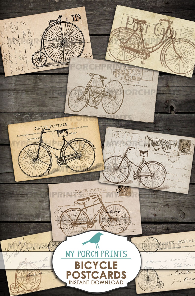 May include: A set of vintage bicycle postcards featuring black and white illustrations of bicycles. The postcards are printed on aged paper with handwritten text and are perfect for scrapbooking or crafting.