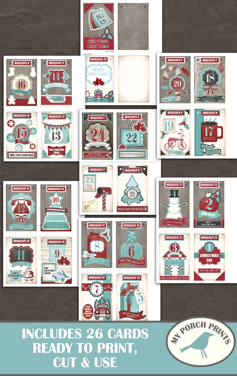 May include: A set of 26 printable Christmas countdown cards featuring a vintage style design with red, blue, and gray colors. Each card has a number from 1 to 24, a date, and a festive activity or holiday-themed image.
