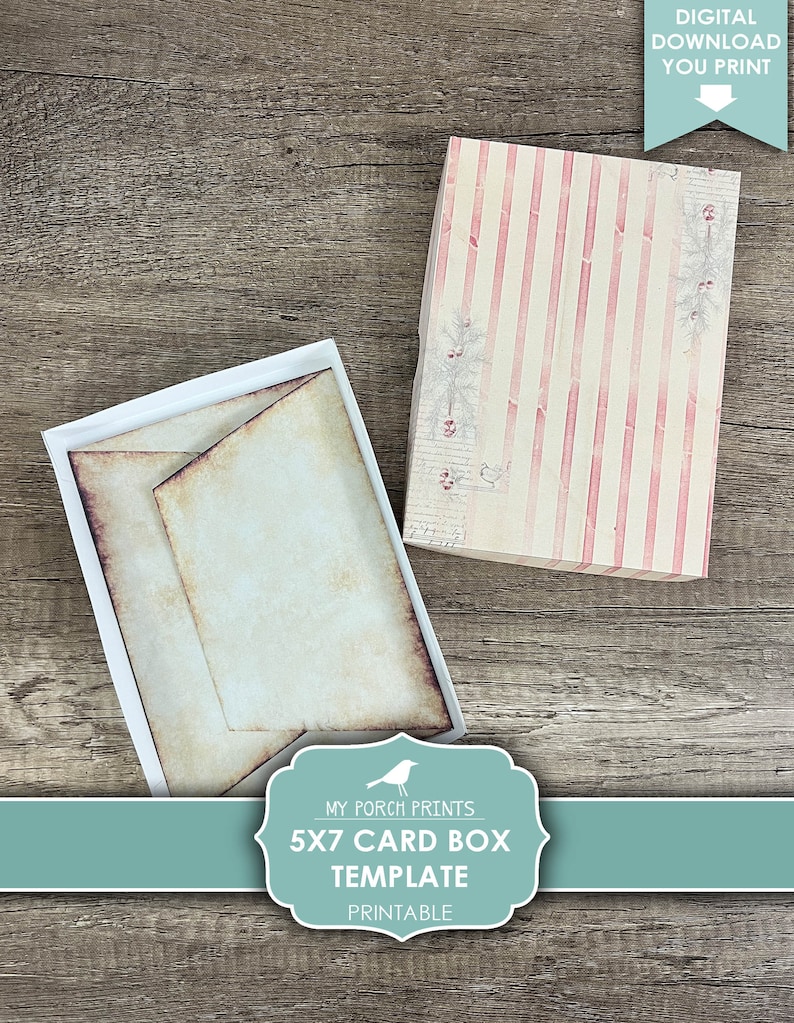 May include: Printable 5x7 card box template with a vintage-style design. The template features a white background with pink and white stripes and a floral pattern. The text "My Porch Prints" is visible on the template.