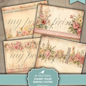 Op de afbeelding: Vier afdrukbare digitale papieren met een shabby chic ontwerp met roze rozen, groene bladeren en een vintage liniaal. De papieren zijn perfect voor scrapbooking, kaart maken en andere knutselprojecten.