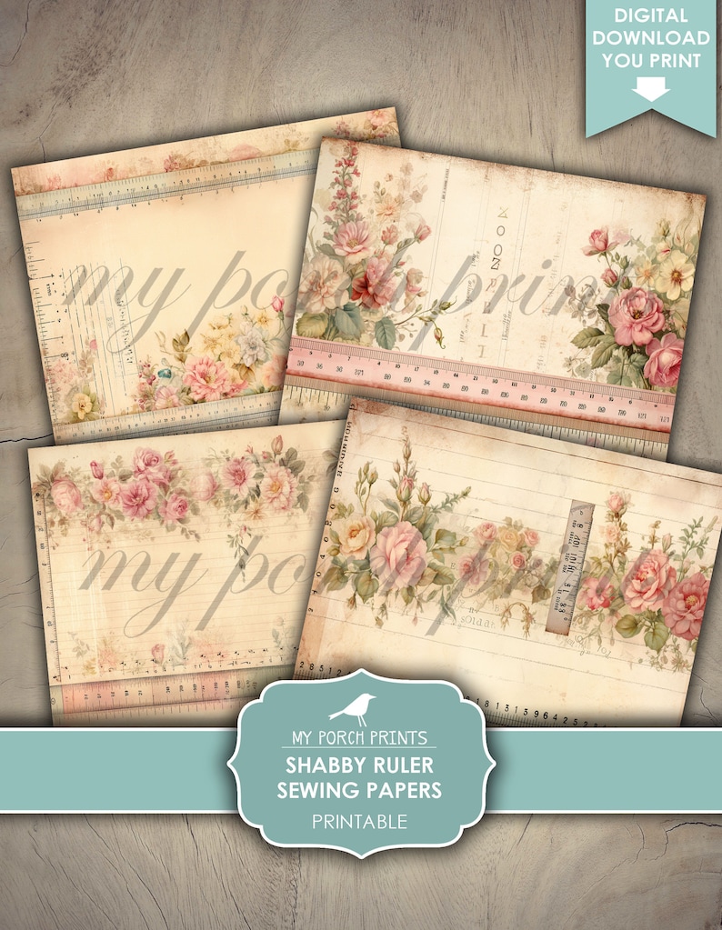 Op de afbeelding: Vier afdrukbare digitale papieren met een shabby chic ontwerp met roze rozen, groene bladeren en een vintage liniaal. De papieren zijn perfect voor scrapbooking, kaart maken en andere knutselprojecten.