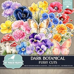 Dark Botanical FUSSY CUTS, Junk Journal, Rainbow, Colorful, Floral, Spring, Flowers, Stickers, My Porch Prints Printable Digital Download