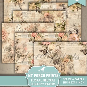 Floral Neutral Scrappy Papers, Junk Journal Pages, Vintage, Shabby, Backing, Paper, Pink, Rose, My Porch Prints, Printable, Digital Download image 3