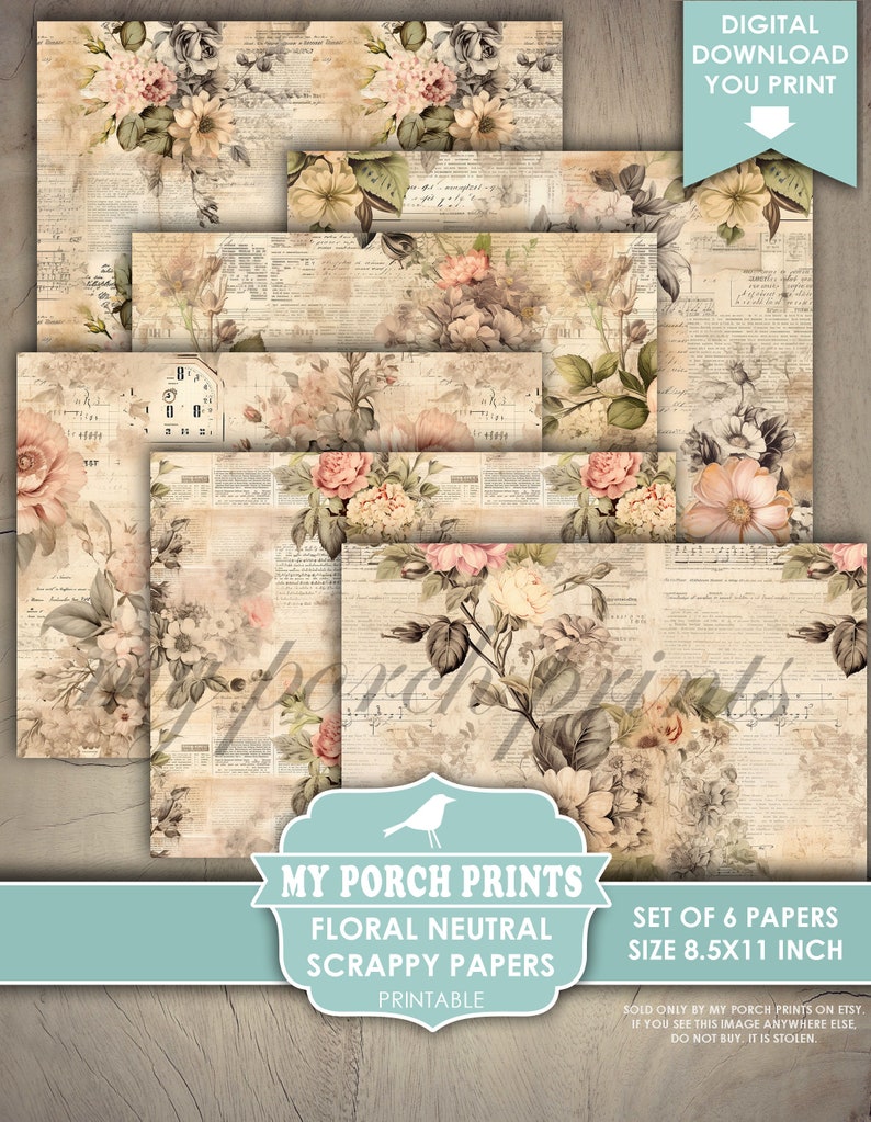 Floral Neutral Scrappy Papers, Junk Journal Pages, Vintage, Shabby, Backing, Paper, Pink, Rose, My Porch Prints, Printable, Digital Download image 3