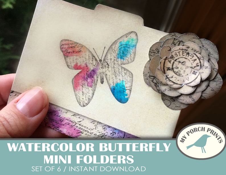 Watercolor, Butterfly, Mini File Folders, Scrapbook, Junk Journal Kit ...