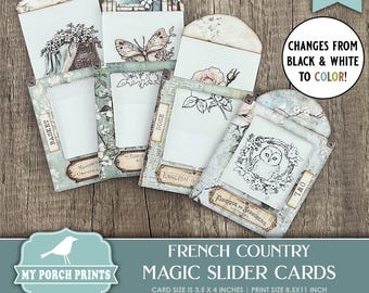 French Country Magic Slider Cards, Junk Journal, Black and White Color Changing Transparent, My Porch Prints, Printable, Digital Download