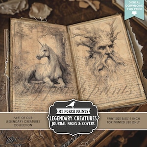 Könnte beinhalten: Offene Journalseiten mit Illustrationen eines Einhorns und eines bärtigen Gesichts mit baumartigen Merkmalen. Die Seiten haben ein gealtertes Aussehen mit handschriftlichem Text. Das Journal ist Teil der "Legendary Creatures"-Kollektion. Druckgröße 21,59 cm x 27,94 cm.