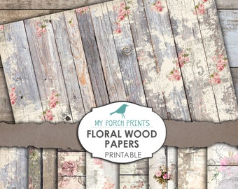 Floral Wood, Printable Paper, Junk Journal, Digital, Flower, Woodsy Wedding, Guest Book, Shabby Chic, Ephemera, Scrapbook, Vintage, Download