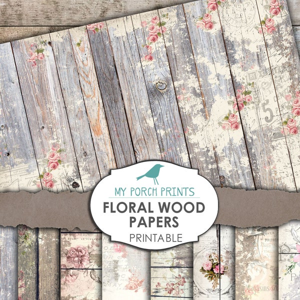 Floral Wood, Printable Paper, Junk Journal, Digital, Flower, Woodsy Wedding, Guest Book, Shabby Chic, Ephemera, Scrapbook, Vintage, Download