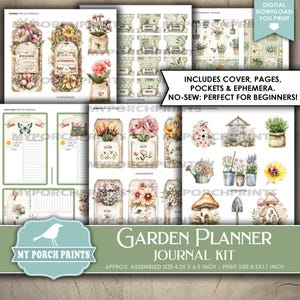 May include: A digital garden planner journal kit with floral illustrations. The kit includes covers, pages, pockets, and ephemera. The assembled size is approximately 4.25 x 6.5 inches, with a print size of 8.5 x 11 inches. The text reads "Garden Planner Journal Kit".