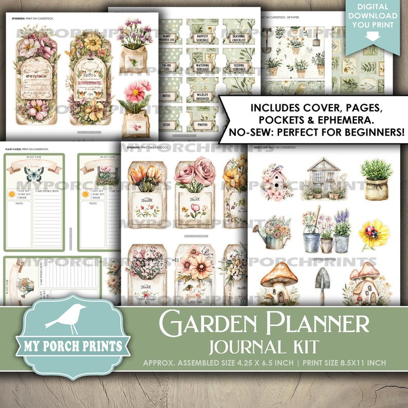 May include: A digital garden planner journal kit with floral illustrations. The kit includes covers, pages, pockets, and ephemera. The assembled size is approximately 4.25 x 6.5 inches, with a print size of 8.5 x 11 inches. The text reads "Garden Planner Journal Kit".
