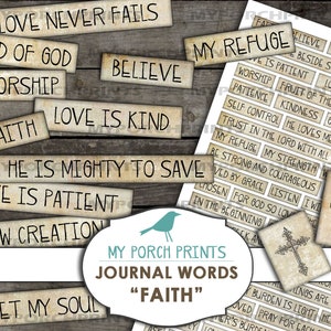 Faith Journal Words, Phrases, Inspirational, Mixed Media, Christian, Bible, Collage Sheet, Scrapbooking, Junk Journal, Printable, Ephemera
