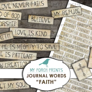 Faith Journal Words, Phrases, Inspirational, Mixed Media, Christian, Bible, Collage Sheet, Scrapbooking, Junk Journal, Printable, Ephemera