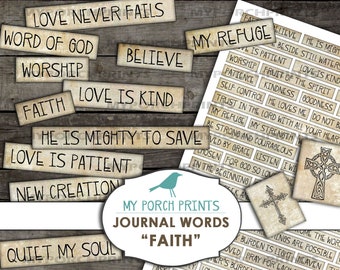 Faith Journal Words, Phrases, Inspirational, Mixed Media, Christian, Bible, Collage Sheet, Scrapbooking, Junk Journal, Printable, Ephemera