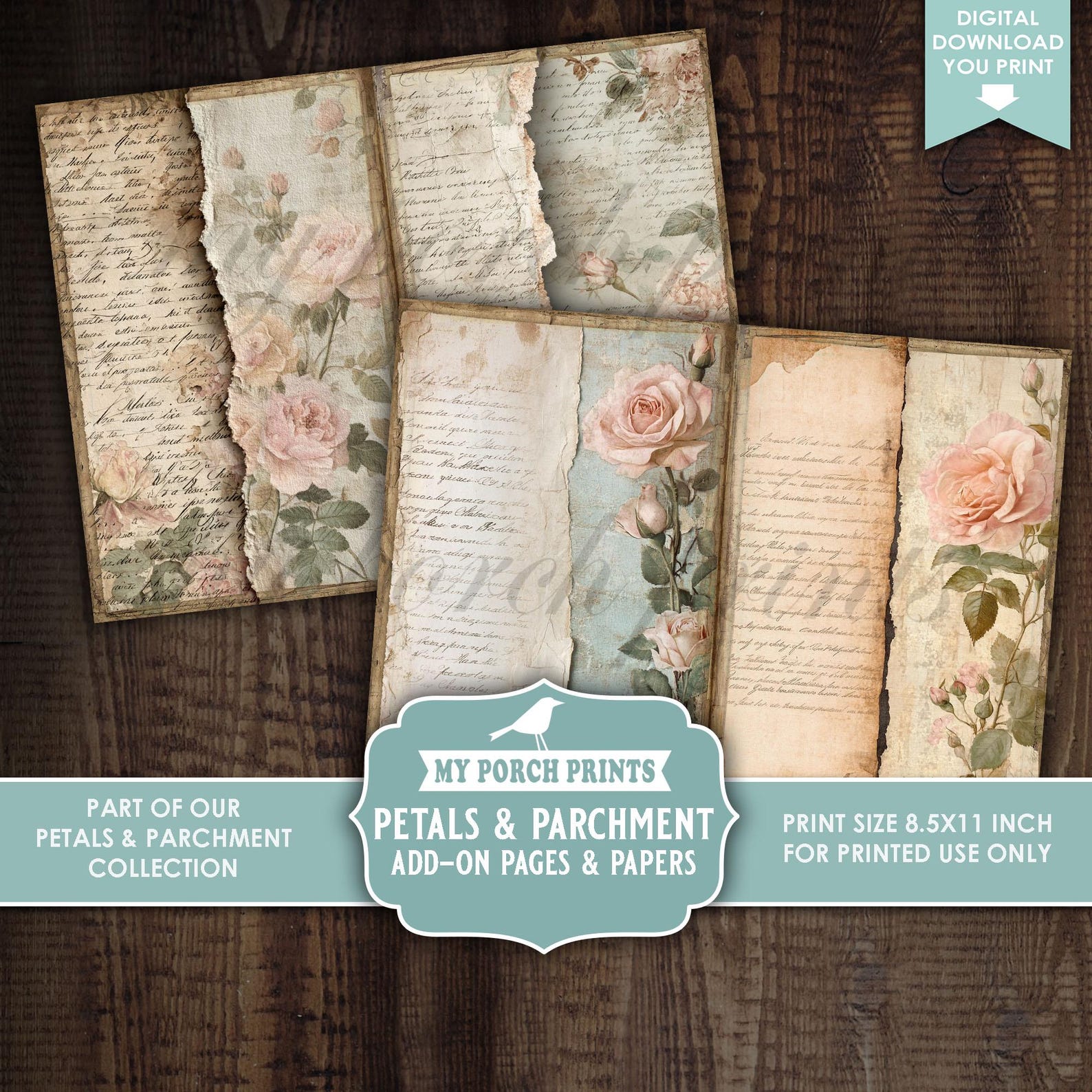 Petals and Parchment Junk Journal, Add-on, PAGES & PAPERS, Roses, Teal ...