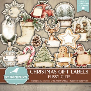 Christmas Gift Labels FUSSY CUTS, Junk Journal, To From Tags, Santa, Stickers, Cricut, Planner, My Porch Prints, Printable, Digital Download