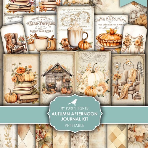 Junk Journal, Kit, Autumn, Afternoon, Cozy, Fall, Thanksgiving, Pumpkin, Neutral, October, My Porch Prints, Printable, Digital Download